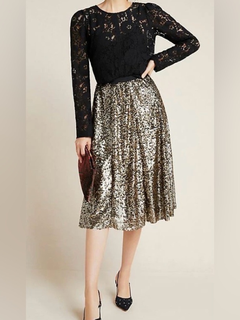 Anthropologie Orleans Sequined Midi Skirt Plus 3X‎ lined gold silver NYE party